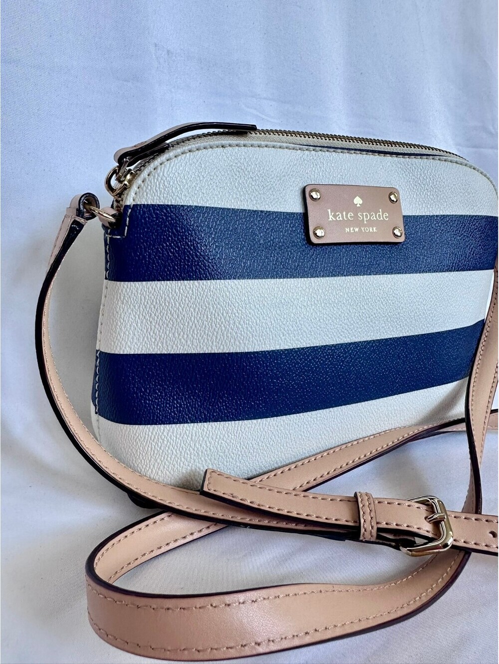 Kate Spade New York Navy & White Striped Crossbody Bag Tan Trim